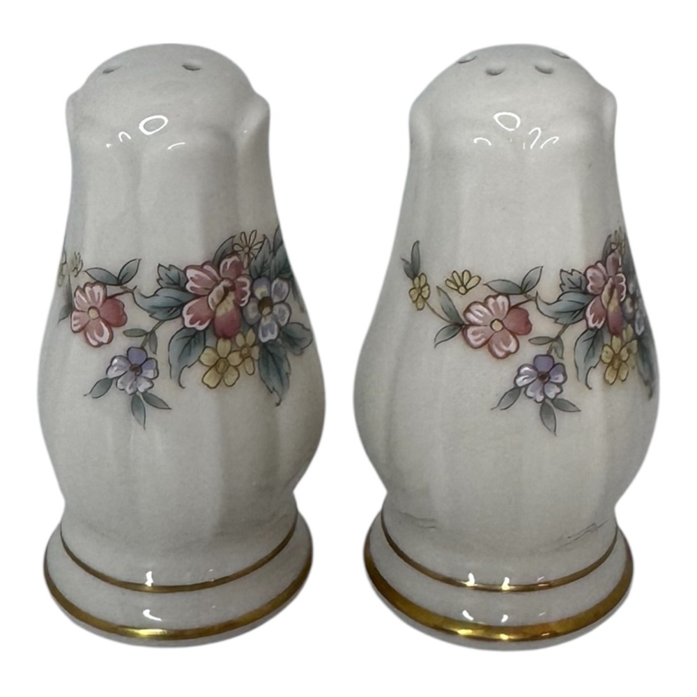 Noritake Salt and Pepper Shakers Ivory China Floral Gold Trim Japan Vintage
